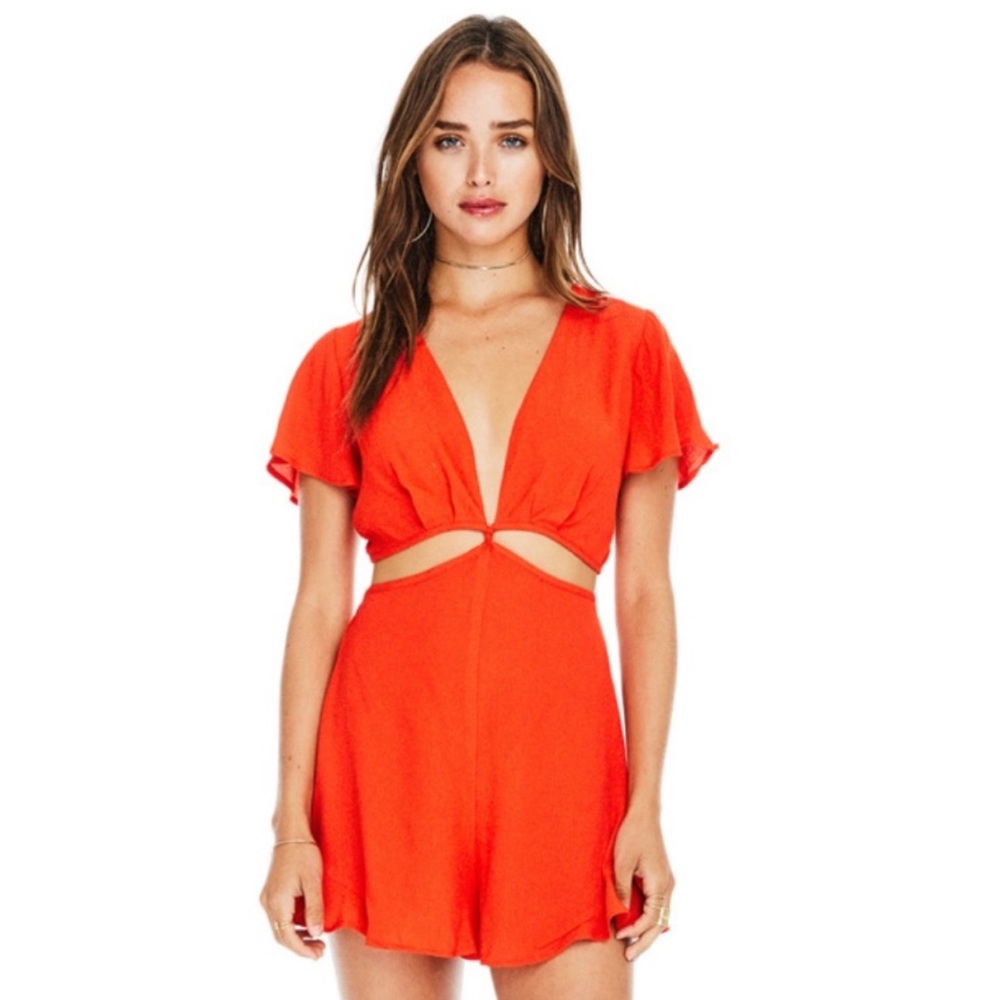 NWT ASTR Viviana Cut Out Romper Red Hot Jumpsuit Playsuit Flutter Ruffle XS M